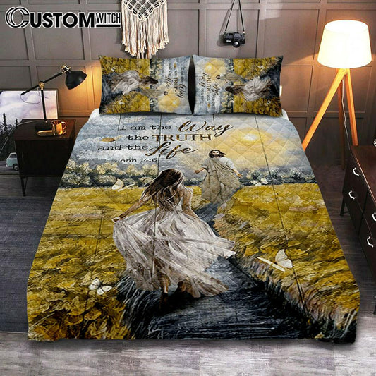 Jesus And Girl I Am The Way The Truth And The Life Quilt Bedding Set Bedroom - Christian Quilt Bedding Set Prints - Bible Verse Quilt Bedding Set Art