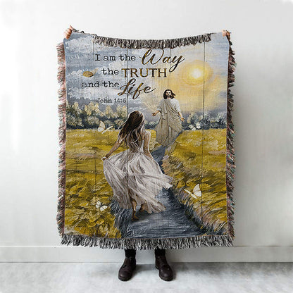 Jesus And Girl I Am The Way The Truth And The Life Woven Throw Blanket - Christian Woven Blanket Prints - Bible Verse Woven Blanket Art