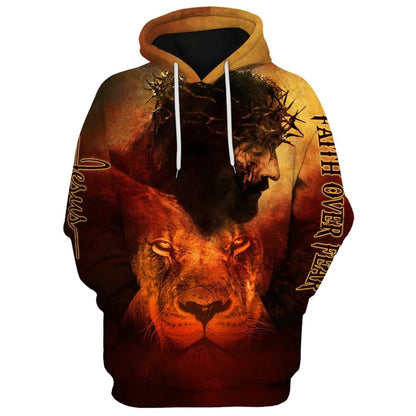 Jesus And Lion 3D Hoodies Faith Over Fear Hoodies Jesus Hoodie Men & Women, God 3D Printed Hoodie, Christian Apparel Hoodies
