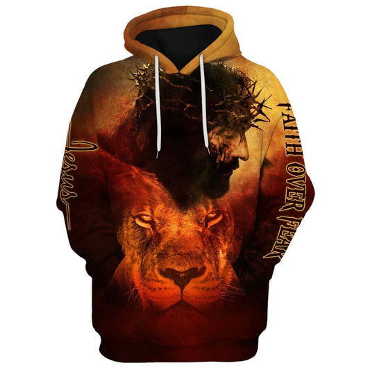 Jesus And Lion 3D Hoodies Faith Over Fear Hoodies Jesus Hoodie Men & Women, God 3D Printed Hoodie, Christian Apparel Hoodies