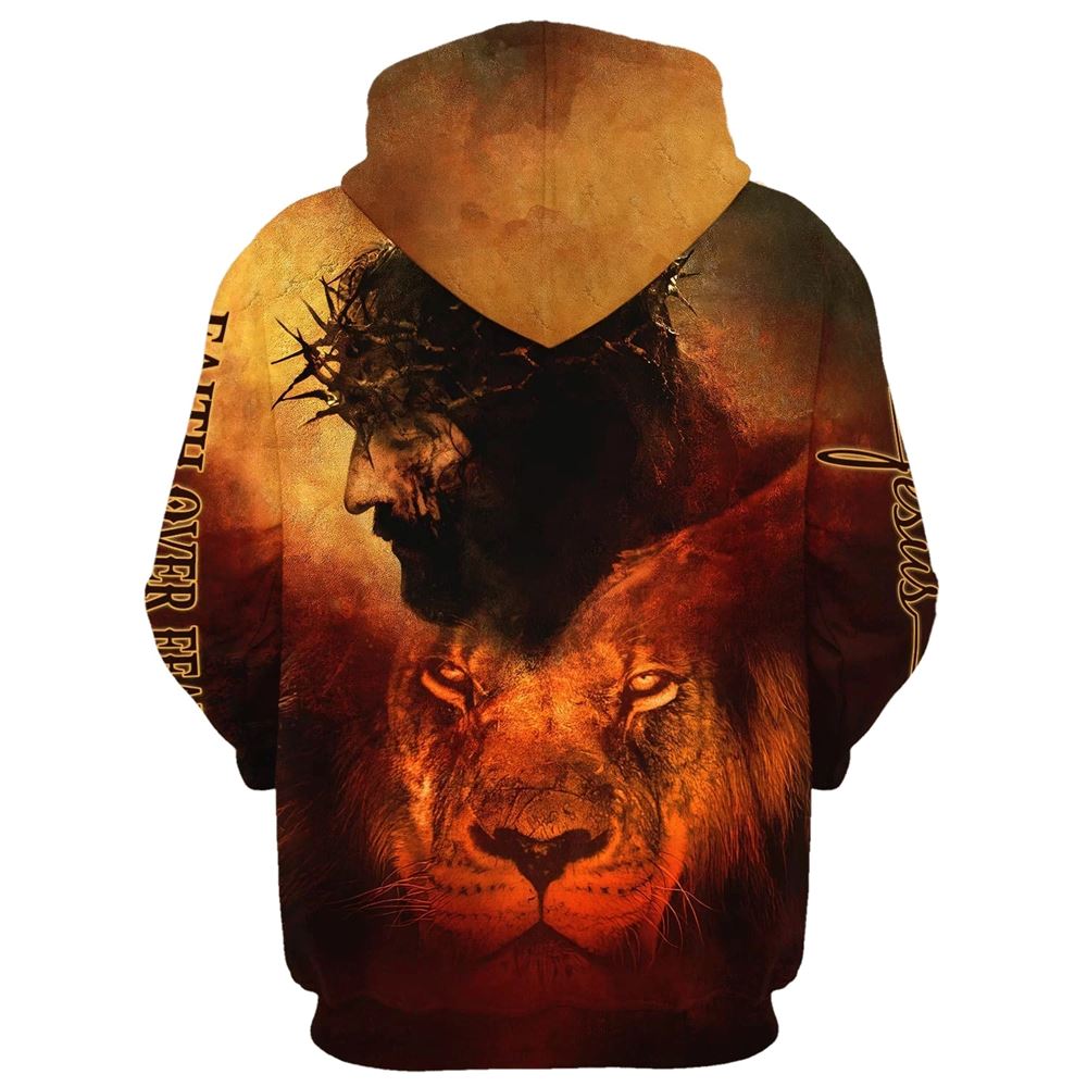 Jesus And Lion 3D Hoodies Faith Over Fear Hoodies Jesus Hoodie Men & Women, God 3D Printed Hoodie, Christian Apparel Hoodies