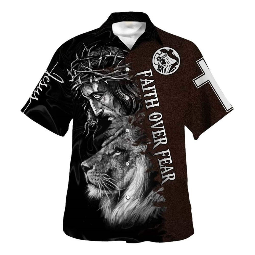Jesus And Lion Bible Verse Faith Over Fear Hawaiian Shirt For Men, Christian Hawaiian Shirt, Gift For Christian