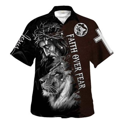 Jesus And Lion Bible Verse Faith Over Fear Hawaiian Shirt For Men, Christian Hawaiian Shirt, Gift For Christian