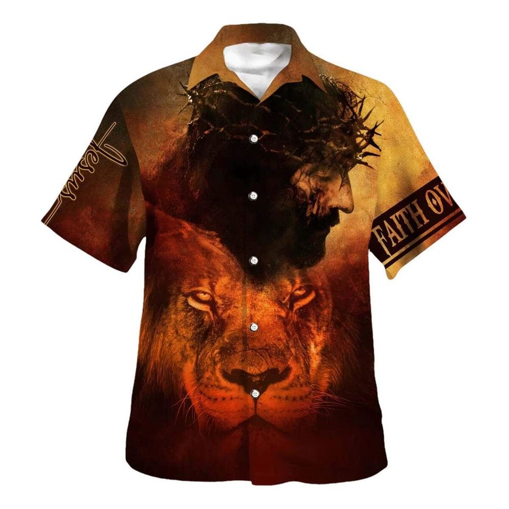 Jesus And Lion Christian Faith Over Fear Hawaiian Shirt For Men, Christian Hawaiian Shirt, Gift For Christian