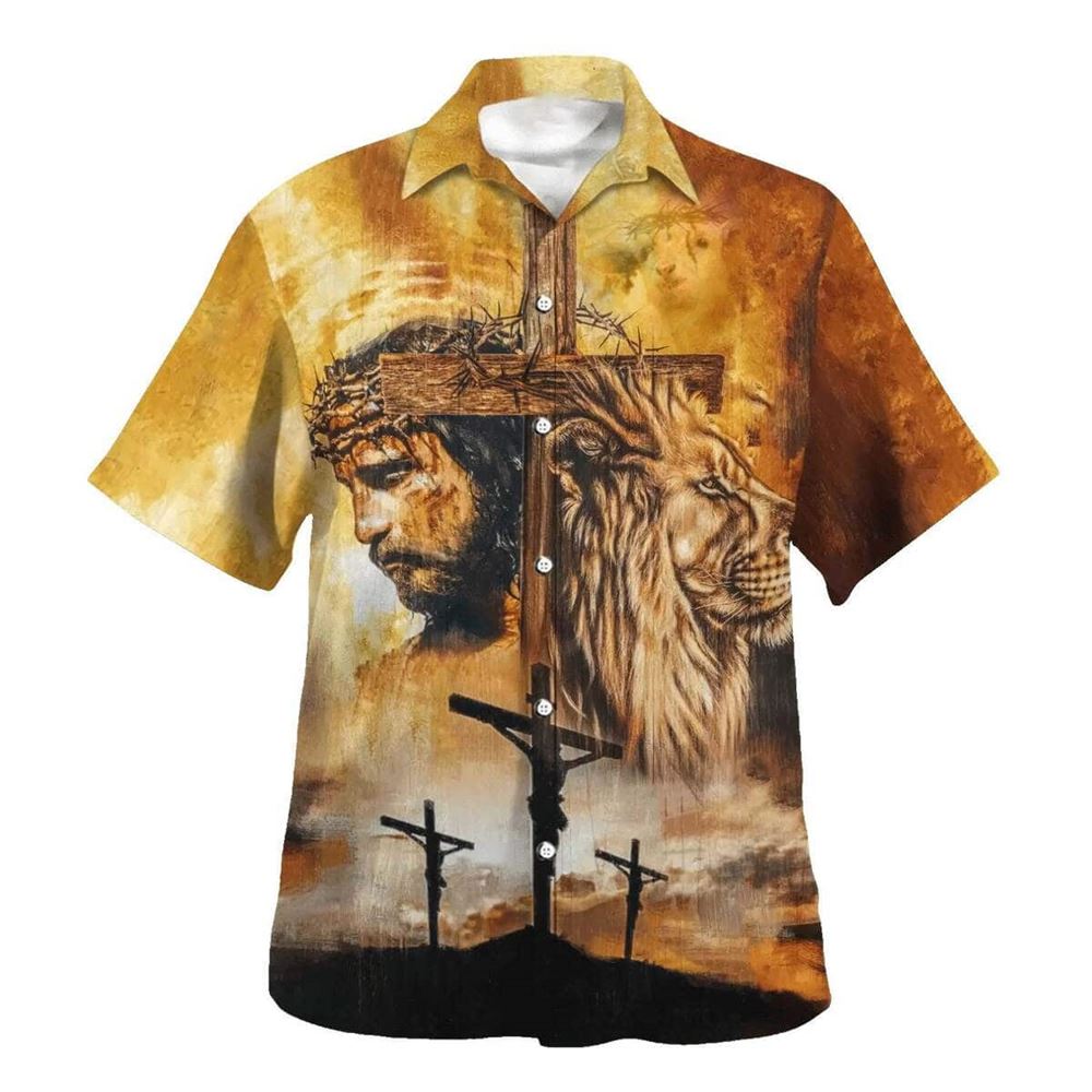 Jesus And Lion Christian With Cross Hawaiian Shirt For Men, Christian Hawaiian Shirt, Gift For Christian