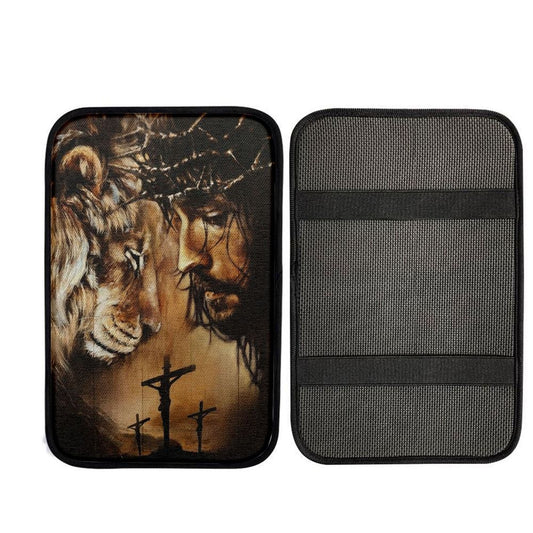 Jesus And Lion Face To Face Car Center Console Cover, Car Armrest Pad, Christian Gift, Armrest Box Mat
