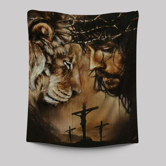 Jesus And Lion Face To Face Tapestry