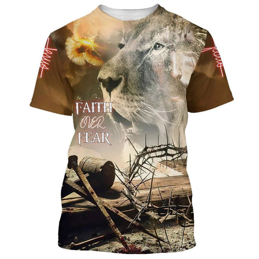 Jesus And Lion Faith Over Fear All Over Print 3D T-Shirt, Gift For Christian, Jesus Shirt