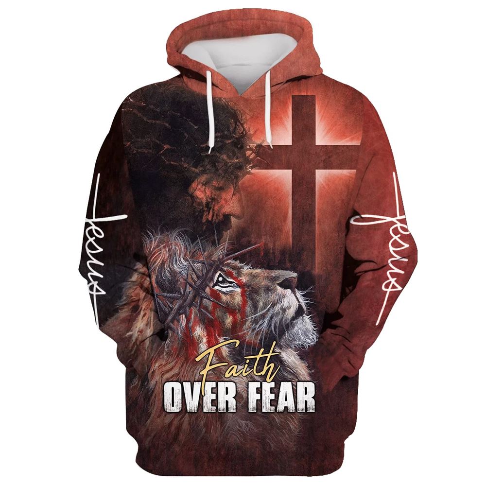 Jesus And Lion, Faith Over Fear Hoodie For Men & Women, God 3D Printed Hoodie, Christian Apparel Hoodies