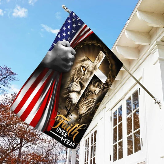 Jesus And Lion Faith Over Fear House Flags, Christian Flag, Scripture Flag, Garden Banner