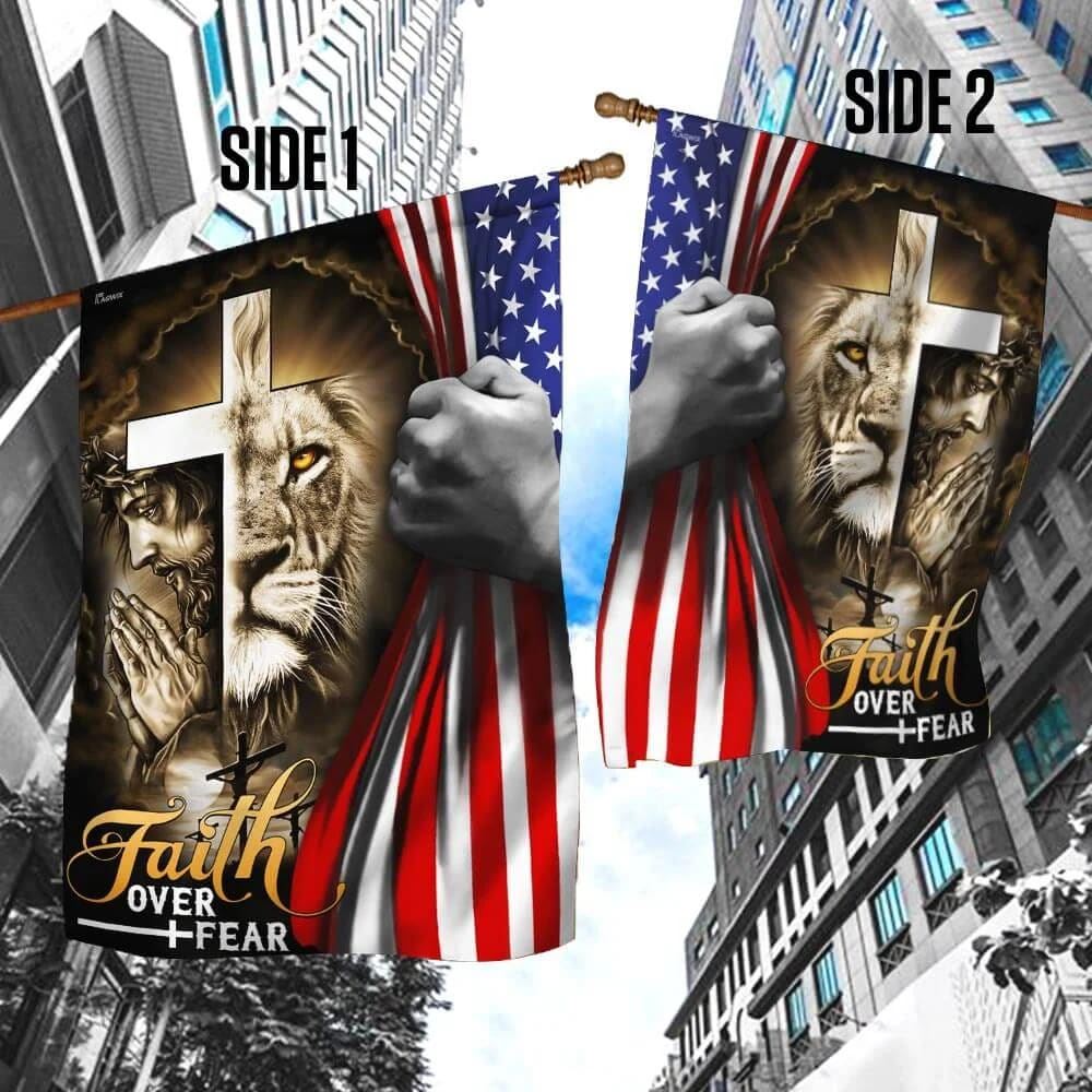 Jesus And Lion Faith Over Fear House Flags, Christian Flag, Scripture Flag, Garden Banner