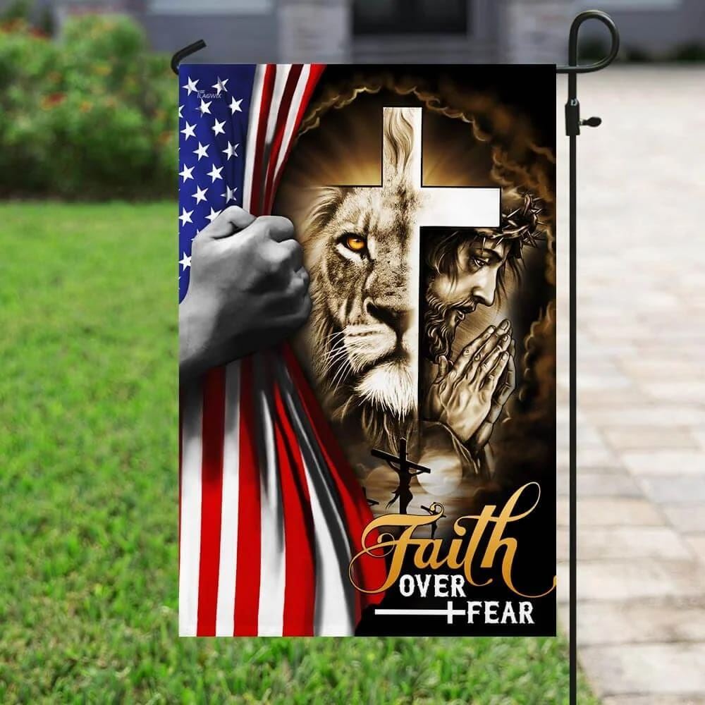 Jesus And Lion Faith Over Fear House Flags, Christian Flag, Scripture Flag, Garden Banner