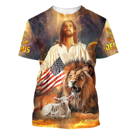 Jesus And Lion Lamb All Over Print 3D T-Shirt, Gift For Christian, Jesus Shirt