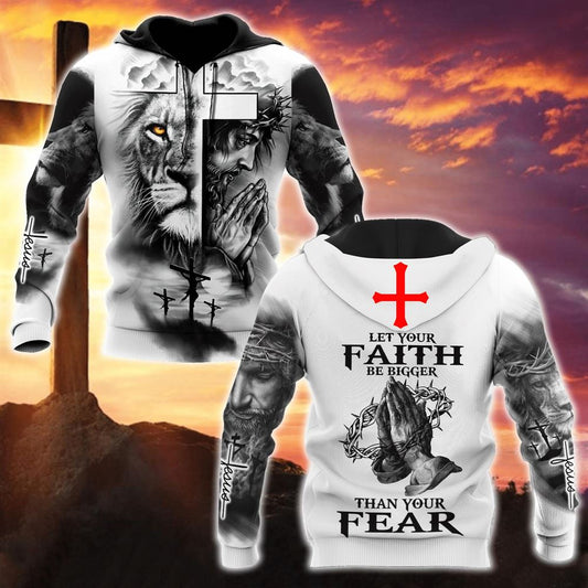 Jesus And Lion Let Your Faith Be Bigger Than Your Fear God 3D Hoodie For Man And Women, Jesus Printed 3D Hoodie