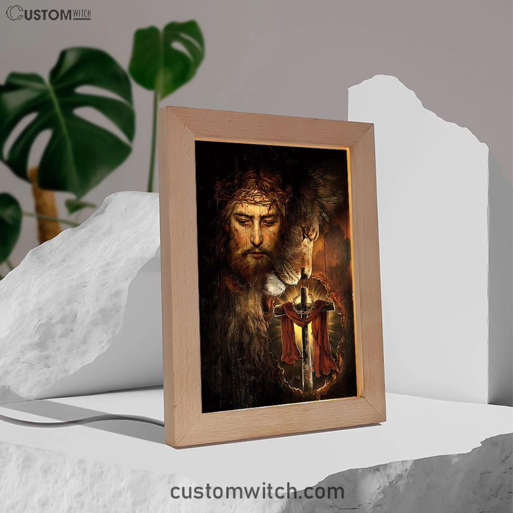 Jesus And Lion Of Judah Amazing Wooden Cross Art Frame Lamp - Jesus Portrait Frame Lamp Prints - Christian Art