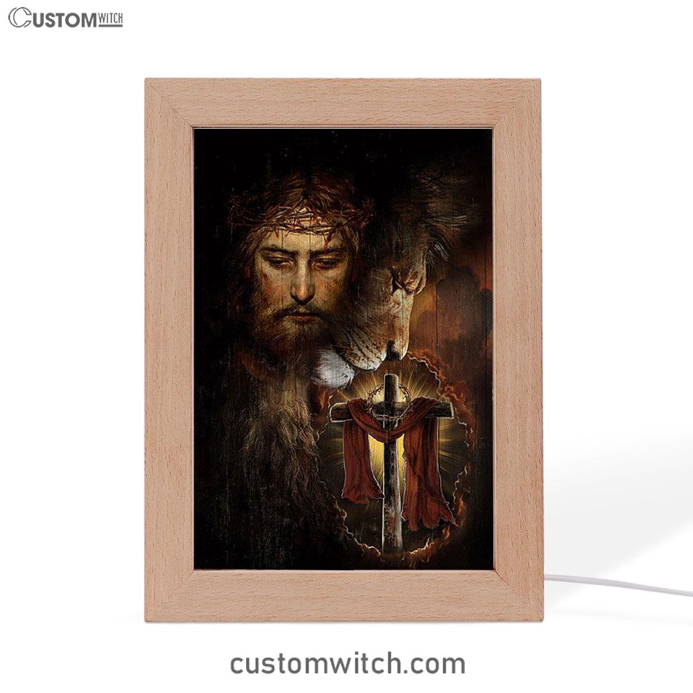 Jesus And Lion Of Judah Amazing Wooden Cross Art Frame Lamp - Jesus Portrait Frame Lamp Prints - Christian Art