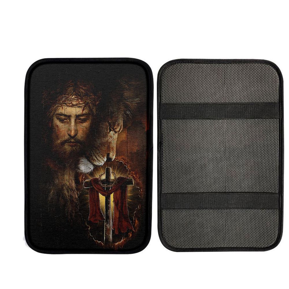 Jesus And Lion Of Judah Amazing Wooden Cross Car Center Console Cover, Christ Car Armrest Accessories