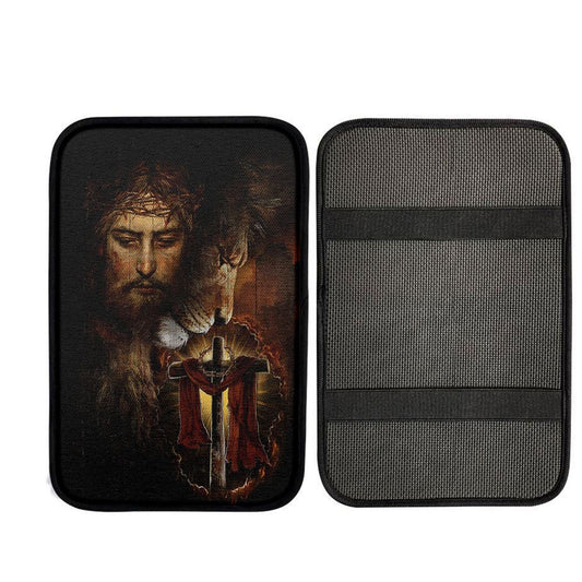 Jesus And Lion Of Judah Amazing Wooden Cross Car Center Console Cover, Christ Car Armrest Accessories