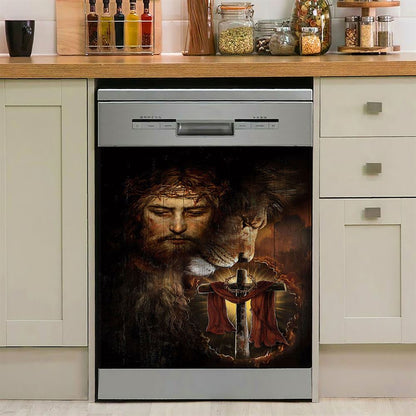 Jesus And Lion Of Judah Amazing Wooden Cross Dishwasher Cover, Jesus Portrait Dishwasher Stickers, Christian Kitchen Decor