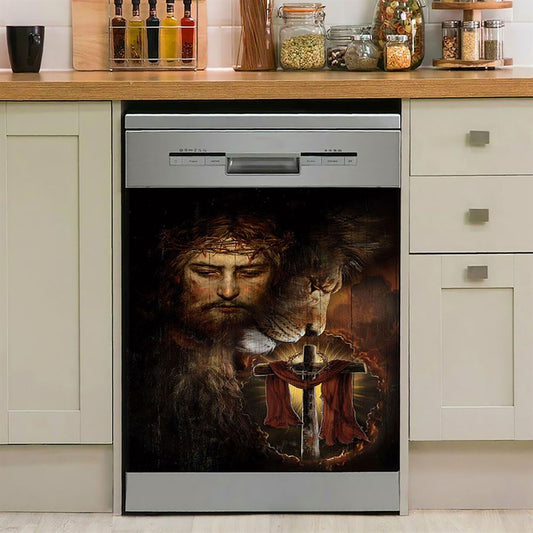 Jesus And Lion Of Judah Amazing Wooden Cross Dishwasher Cover, Jesus Portrait Dishwasher Stickers, Christian Kitchen Decor