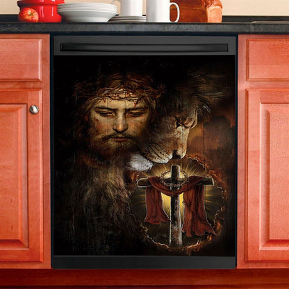 Jesus And Lion Of Judah Amazing Wooden Cross Dishwasher Cover, Jesus Portrait Dishwasher Stickers, Christian Kitchen Decor