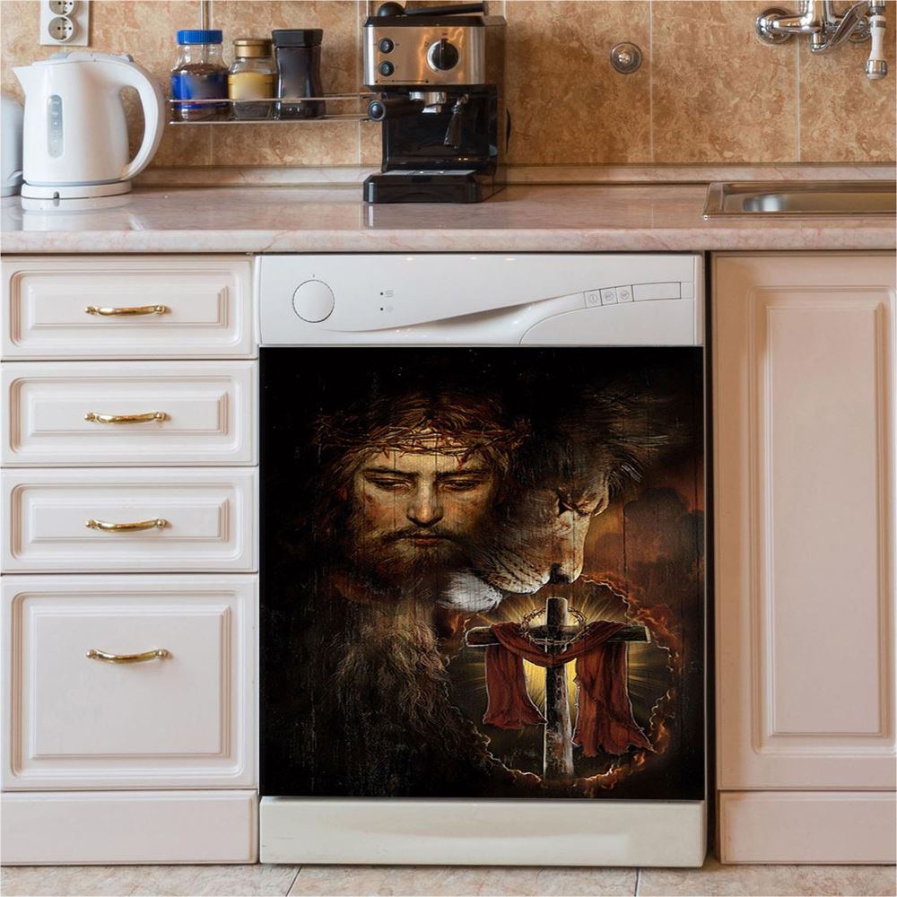 Jesus And Lion Of Judah Amazing Wooden Cross Dishwasher Cover, Jesus Portrait Dishwasher Stickers, Christian Kitchen Decor