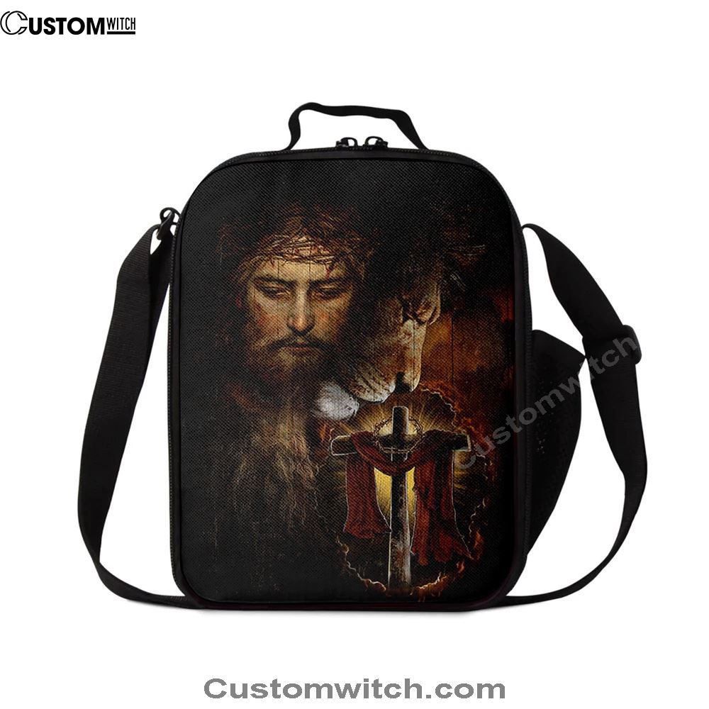 Jesus And Lion Of Judah Amazing Wooden Cross Lunch Bag, Christian Lunch Box For School, Picnic