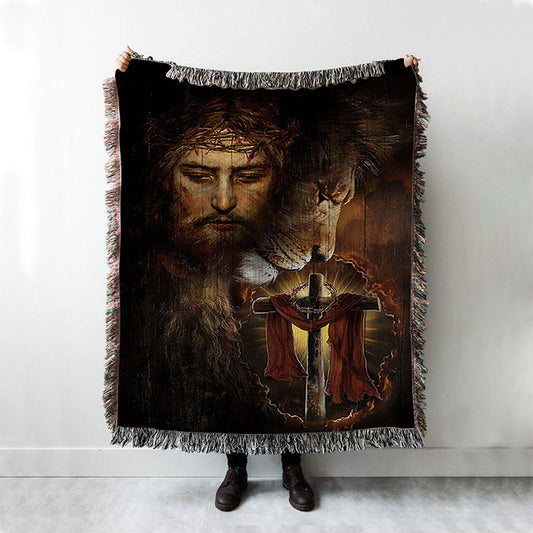 Jesus And Lion Of Judah Amazing Wooden Cross Throw Blanket Woven Blanket - Jesus Portrait Woven Blanket Prints - Christian Throw Blanket
