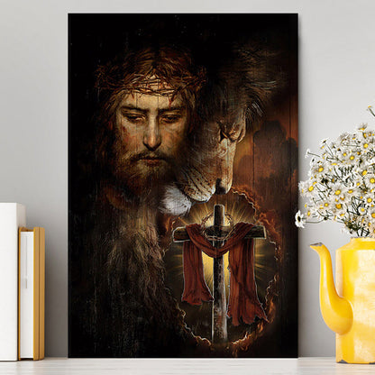 Jesus And Lion Of Judah Amazing Wooden Cross Wall Art Canvas - Jesus Portrait Canvas Prints - Christian Wall Art