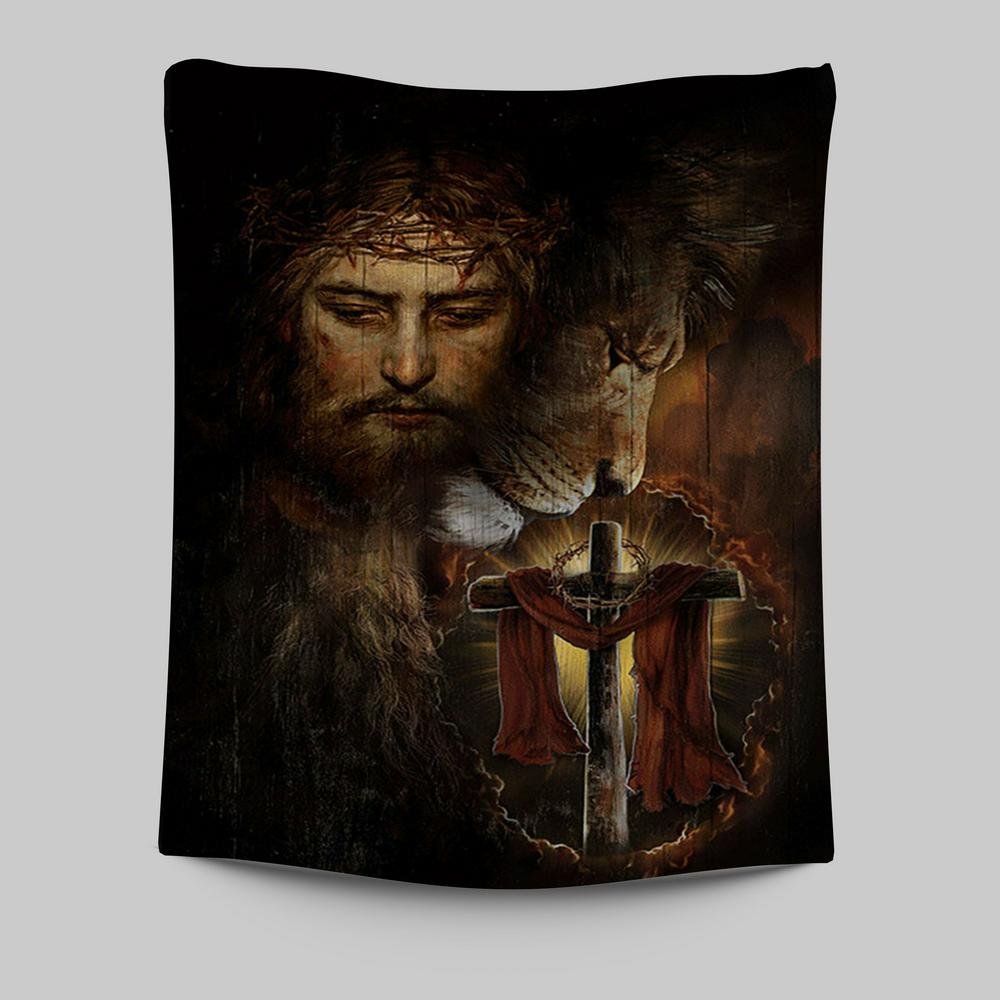 Jesus And Lion Of Judah Amazing Wooden Cross Wall Art Tapestry - Jesus Portrait Tapestry Prints - Christian Wall Art
