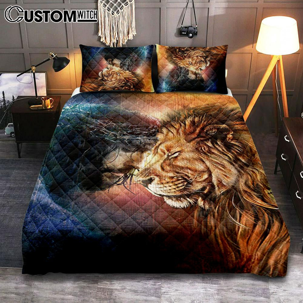 Jesus And Lion Of Judah Bedroom Quilt Bedding Set - Jesus Portrait Quilt Bedding Set Prints - Christian Bedroom