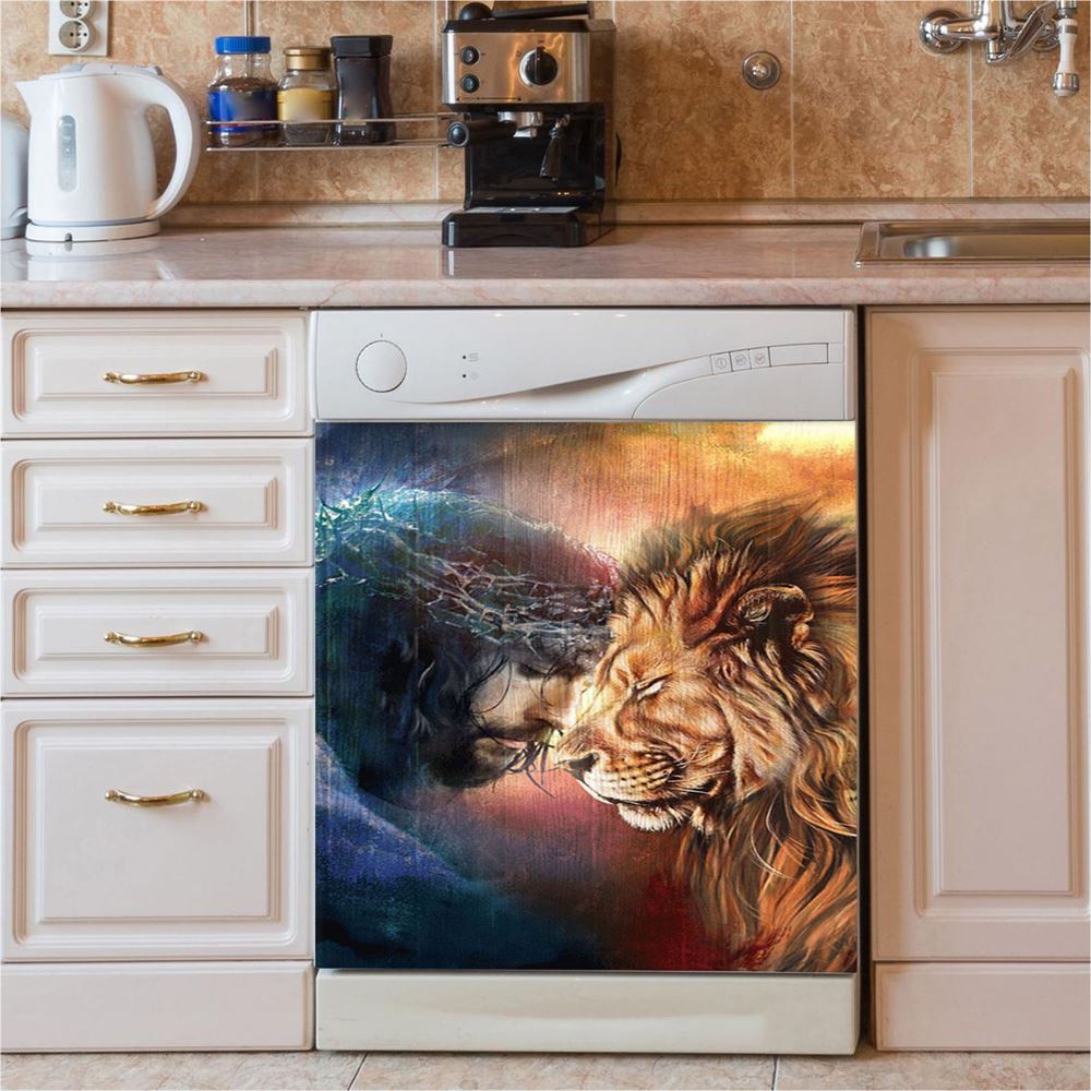 Jesus And Lion Of Judah Dishwasher Cover, Jesus Portrait Dishwasher Stickers, Christian Kitchen Decor