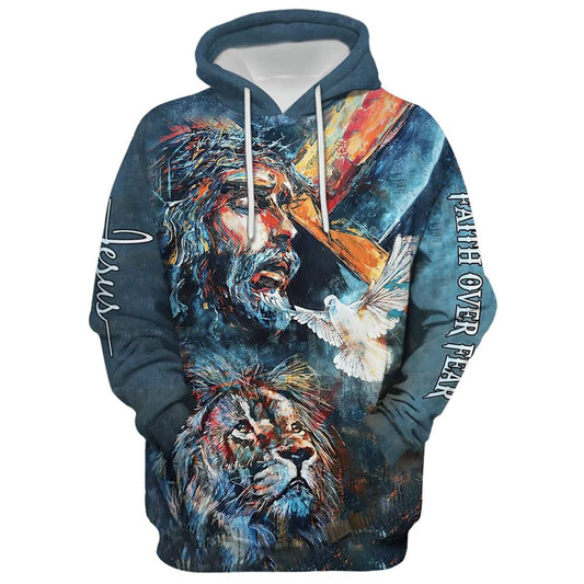 Jesus And Lion Of Judah, Faith Over Fear Hoodie For Men & Women, God 3D Printed Hoodie, Christian Apparel Hoodies