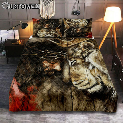 Jesus And Lion Of Judah Quilt Bedding Set Prints - Jesus Christ Quilt Bedding Set Art - Christian Cover Twin Bedding Decor