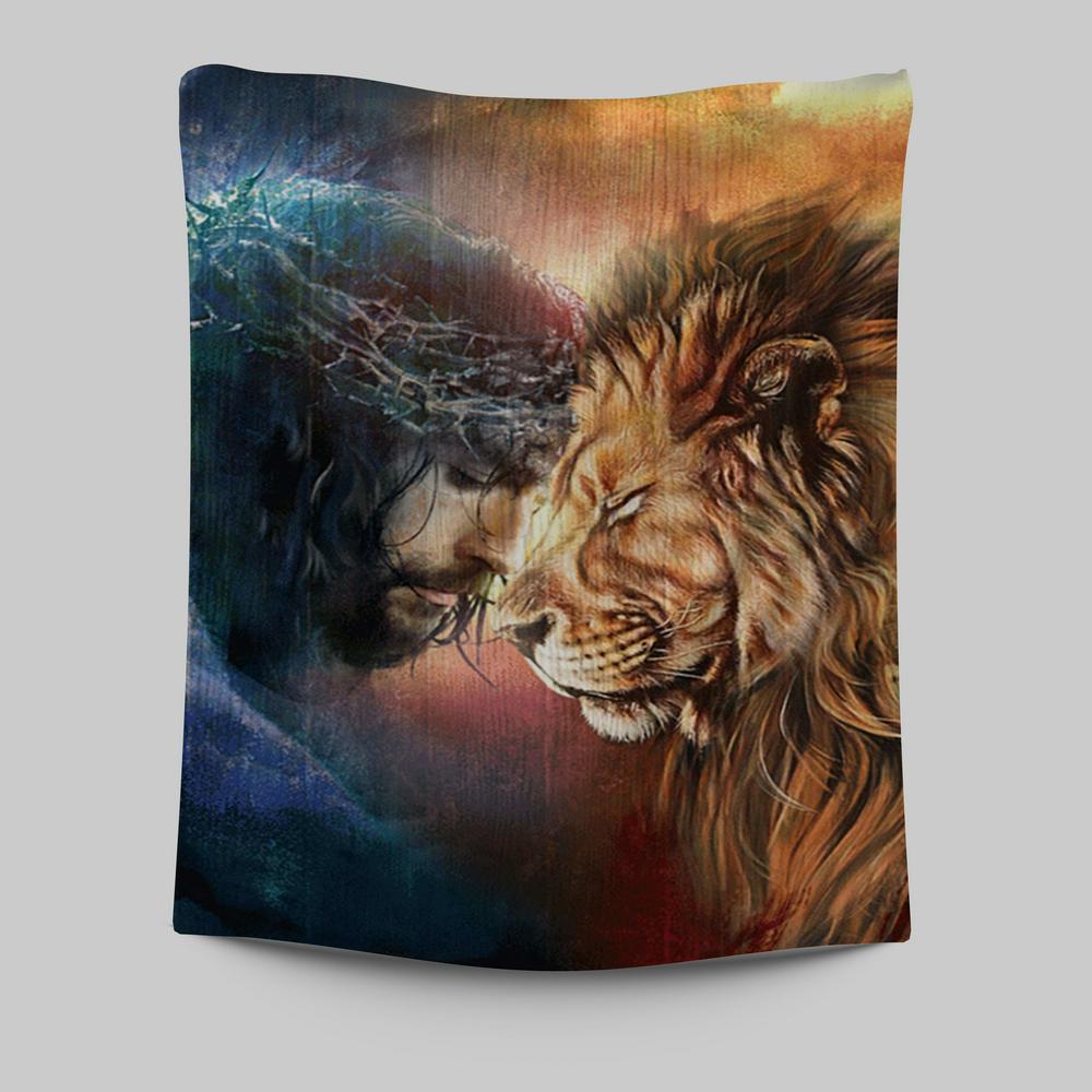 Jesus And Lion Of Judah Wall Art Tapestry - Jesus Portrait Tapestry Prints - Christian Wall Art