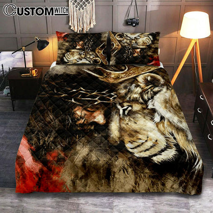 Jesus And Lion Quilt Bedding Set Prints - Jesus Christ Quilt Bedding Set Art - Christian Cover Twin Bedding Decor