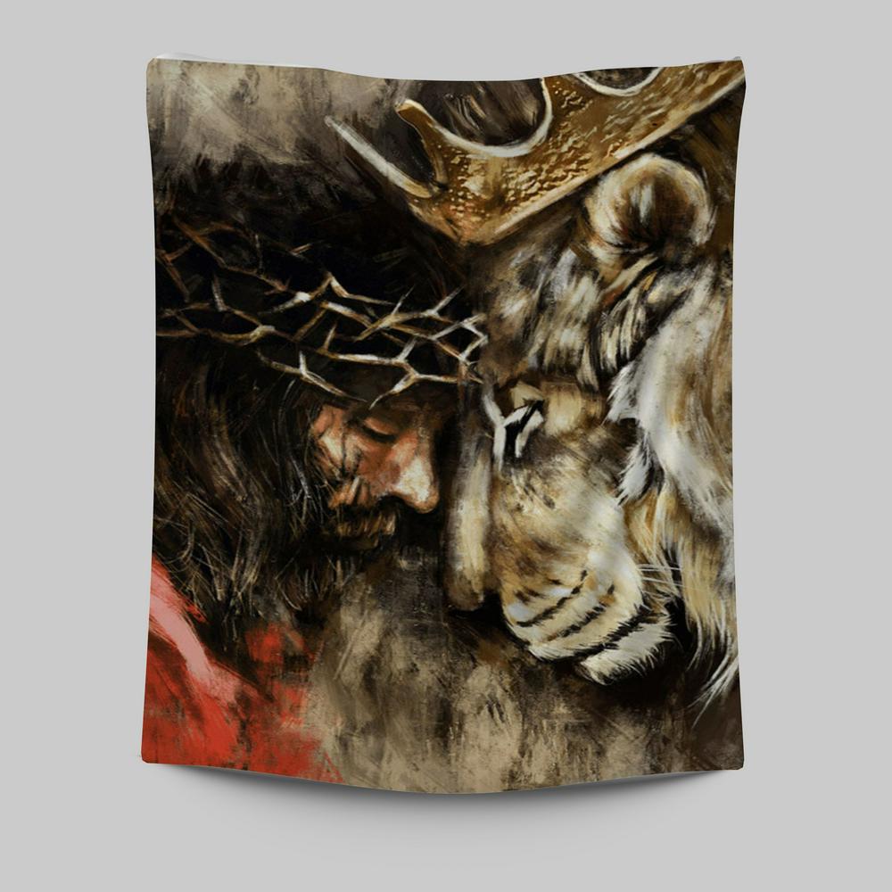 Jesus And Lion Tapestry Prints - Jesus Christ Tapestry Art - Christian Wall Decor