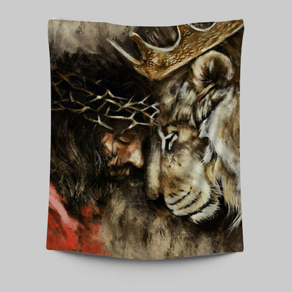 Jesus And Lion Tapestry Prints - Jesus Christ Tapestry Art - Christian Wall Decor