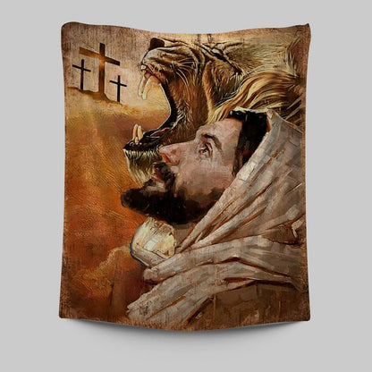 Jesus And Lion Tapestry Prints - Lion Tapestry Art - Christian Inspirational Tapestry