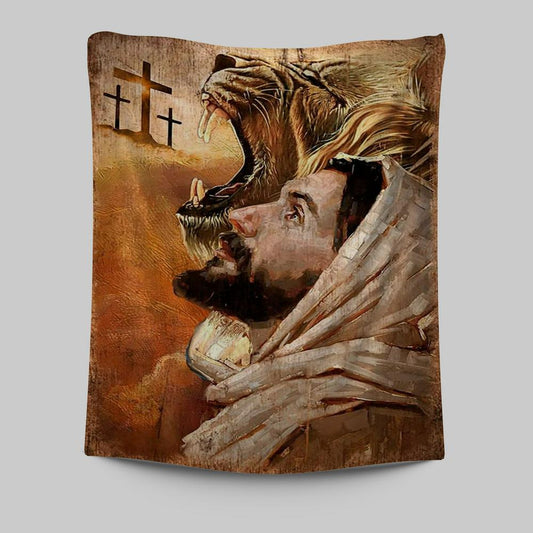 Jesus And Lion Tapestry Prints - Lion Tapestry Art - Christian Inspirational Tapestry