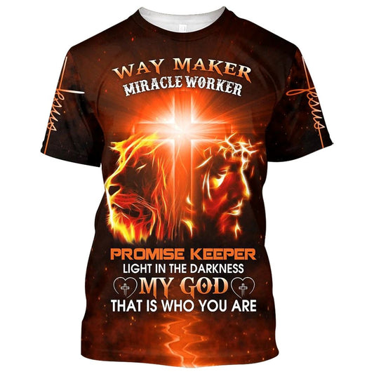 Jesus And Lion Way Maker Miracle Worker Promise Keeper Light All Over Print 3D T-Shirt, Gift For Christian, Jesus Shirt