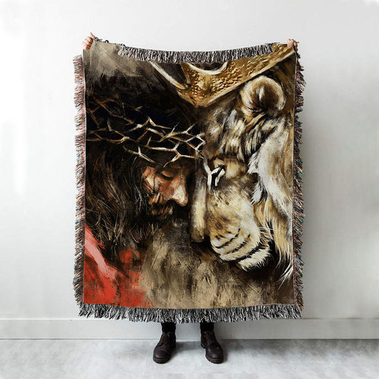 Jesus And Lion Woven Blanket Prints - Jesus Christ Woven Blanket Art - Christian Boho Blanket