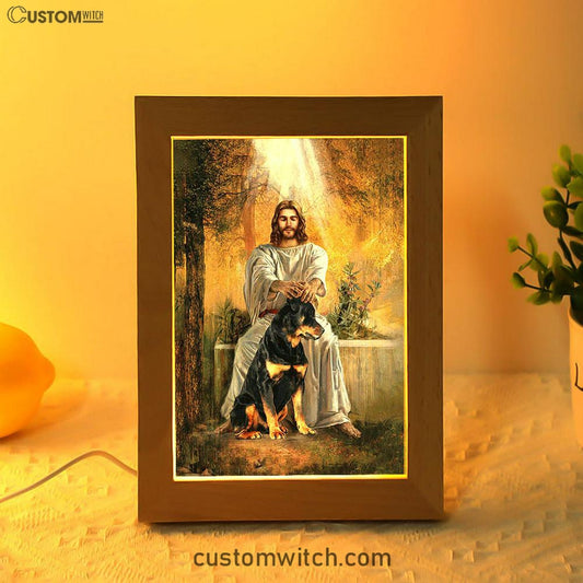 Jesus And Rottweiler Dog Art Frame Lamp - Jesus Portrait Frame Lamp Prints - Christian Art