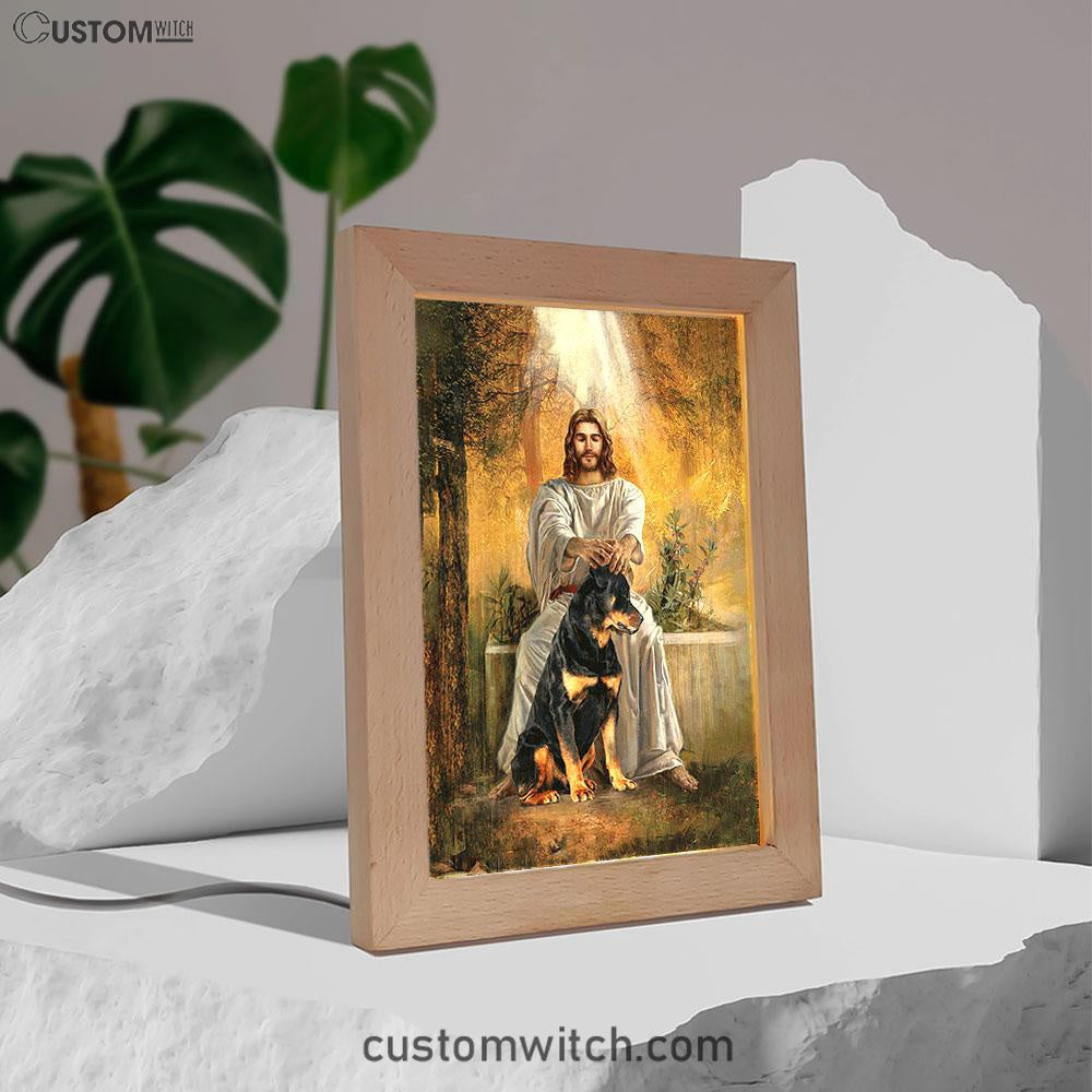 Jesus And Rottweiler Dog Art Frame Lamp - Jesus Portrait Frame Lamp Prints - Christian Art