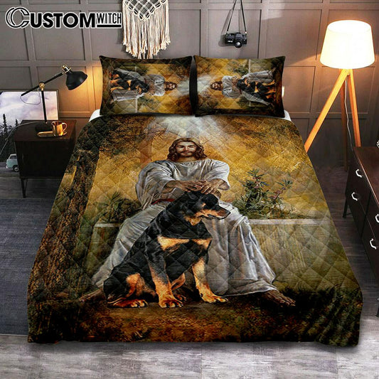 Jesus And Rottweiler Dog Bedroom Quilt Bedding Set - Jesus Portrait Quilt Bedding Set Prints - Christian Bedroom