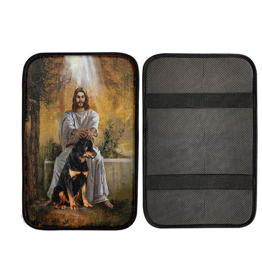 Jesus And Rottweiler Dog Car Center Console Cover, Christ Car Armrest Accessories