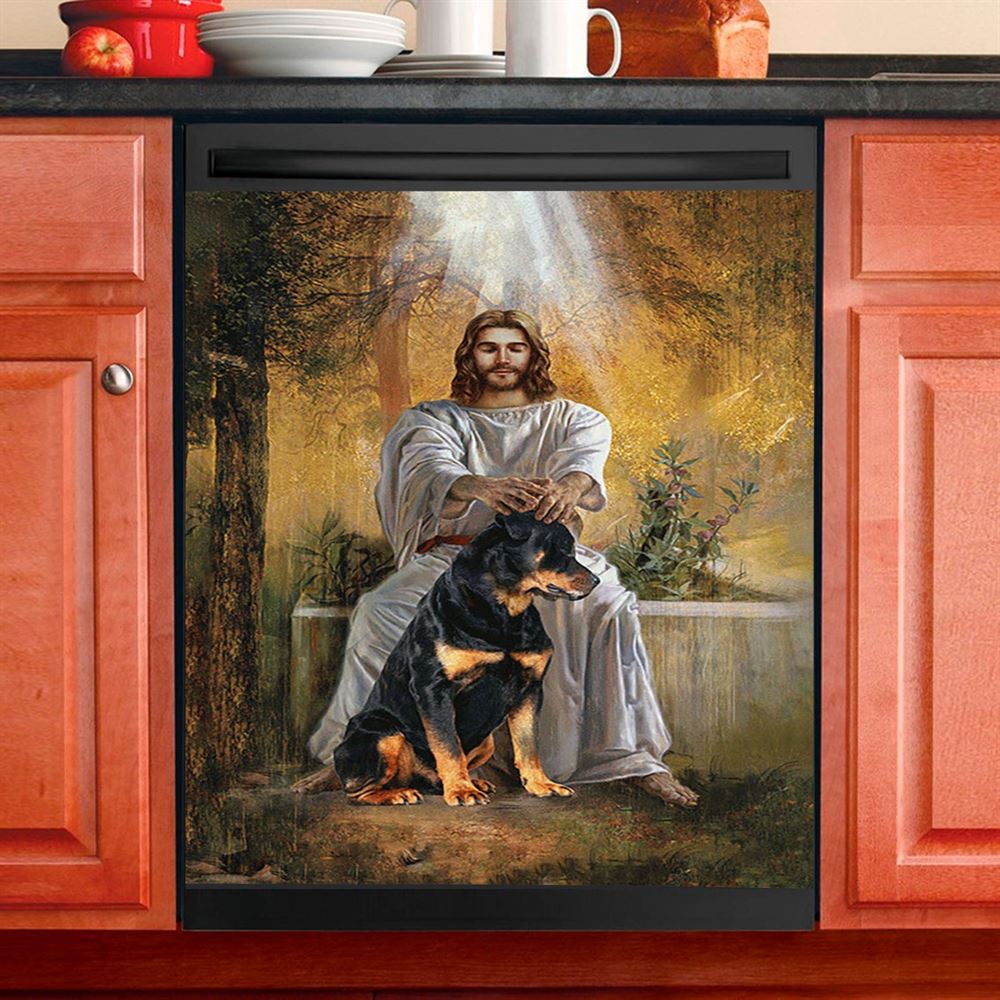 Jesus And Rottweiler Dog Dishwasher Cover, Jesus Portrait Dishwasher Stickers, Christian Kitchen Decor