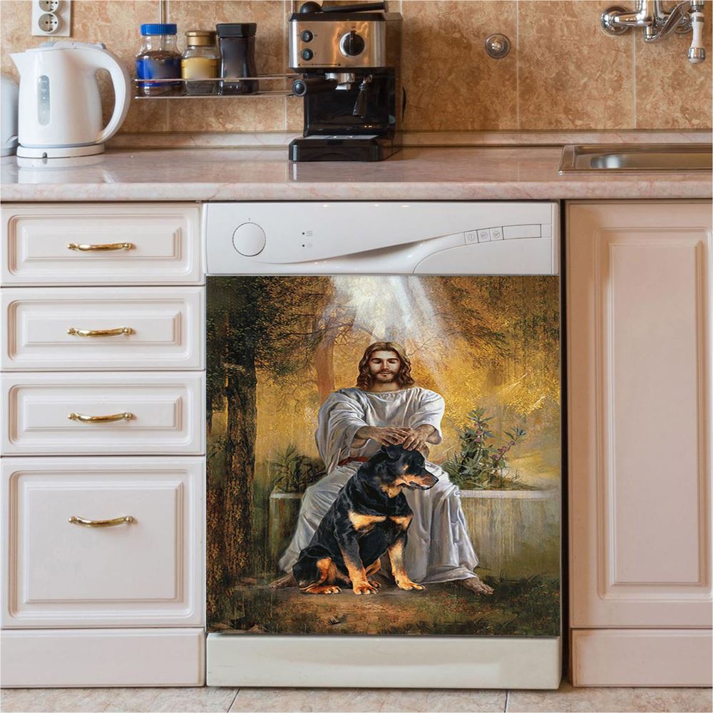 Jesus And Rottweiler Dog Dishwasher Cover, Jesus Portrait Dishwasher Stickers, Christian Kitchen Decor
