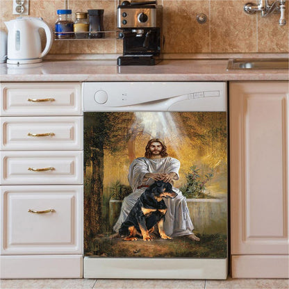 Jesus And Rottweiler Dog Dishwasher Cover, Jesus Portrait Dishwasher Stickers, Christian Kitchen Decor