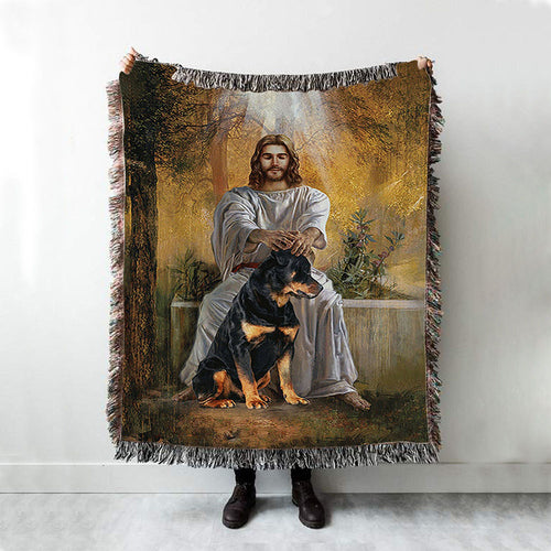 Jesus And Rottweiler Dog Throw Blanket Woven Blanket - Jesus Portrait Woven Blanket Prints - Christian Throw Blanket
